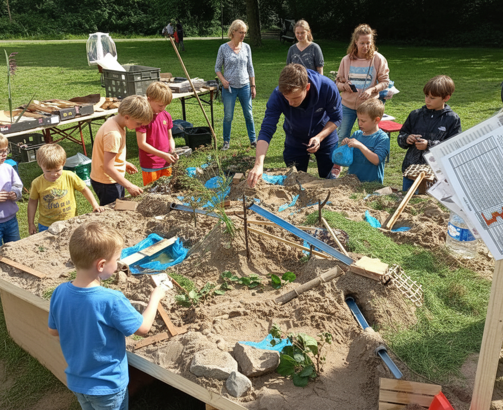 Kinderen spelen met een miniatuurlandschap van zand en water onder begeleiding van volwassenen buiten.
