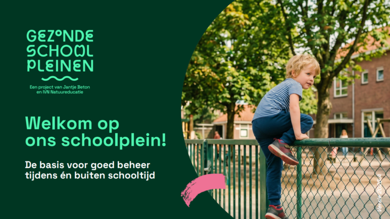 Een jongen klimt op een hek op een schoolplein, omgeven door bomen en gebouwen.
