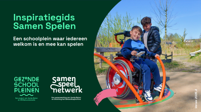 Kinderen spelen samen op een inclusieve draaimolen op een schoolplein.