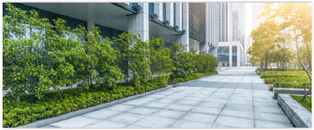 Moderne stedelijke omgeving met betegelde stoep en groene heggen langs hoge gebouwen.