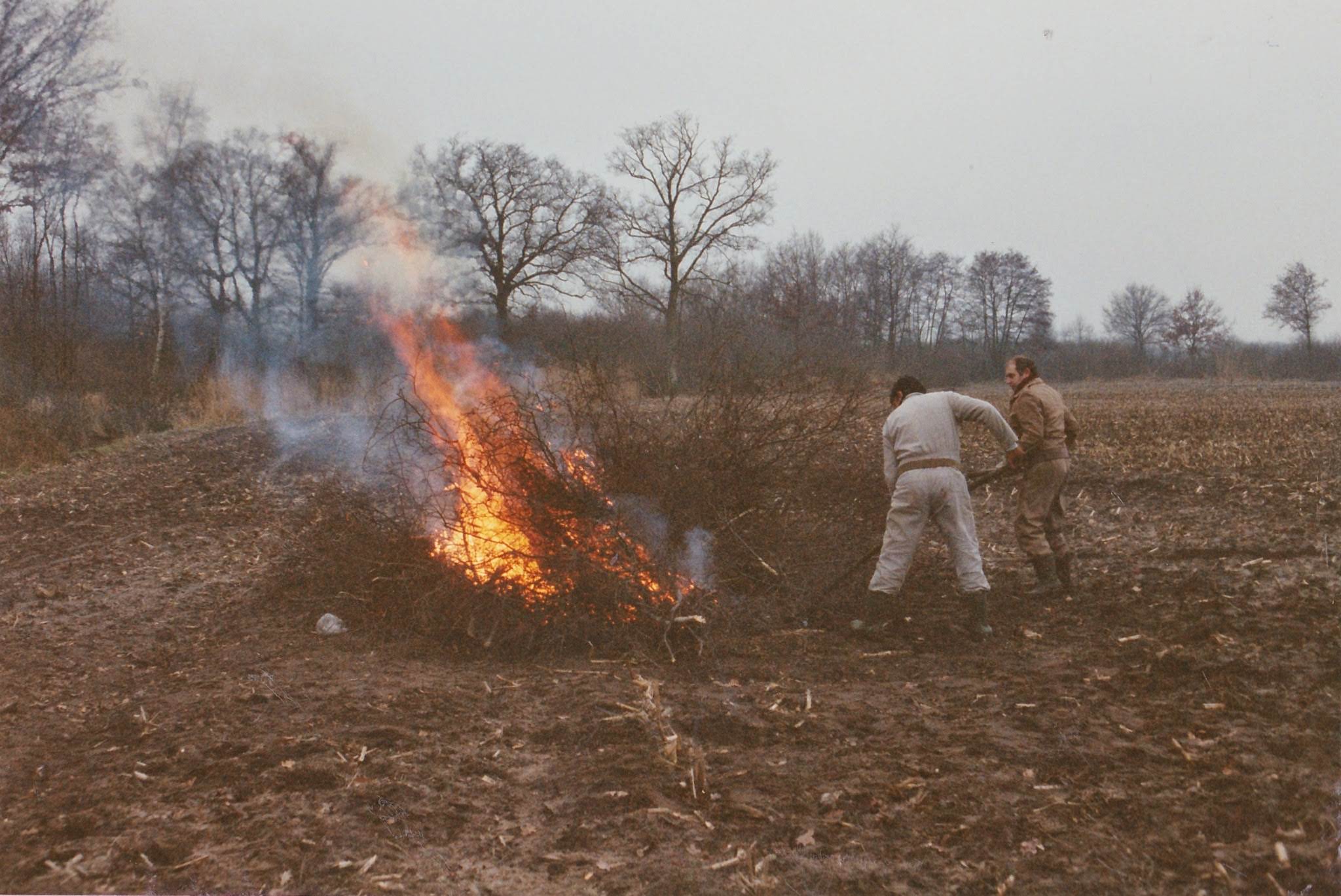 Twee personen verbranden takken in een veld naast een brandend vuur onder een bewolkte lucht.