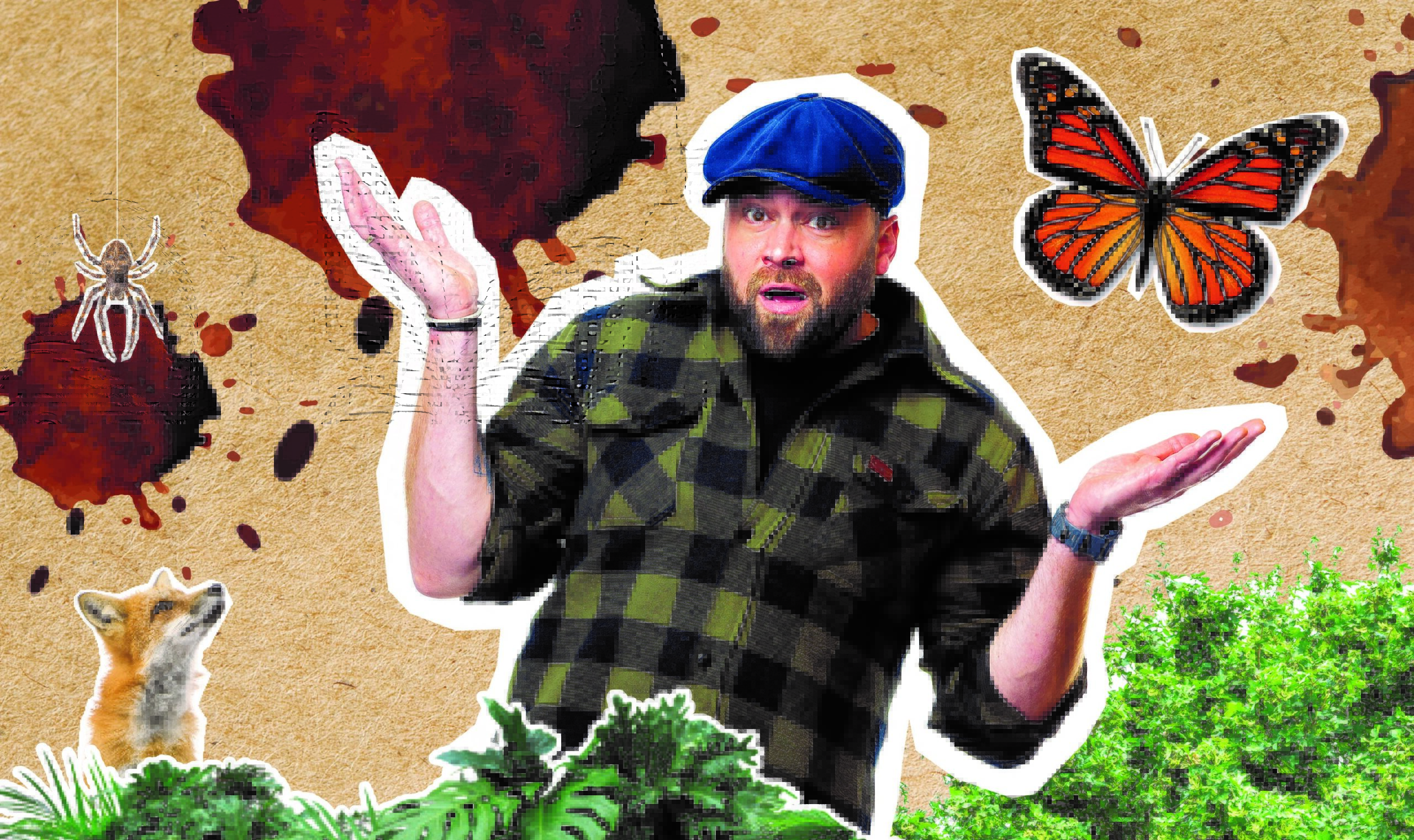 Man in geruite blouse met verbaasde blik, omringd door een vlinder, spin, vos en groene planten.