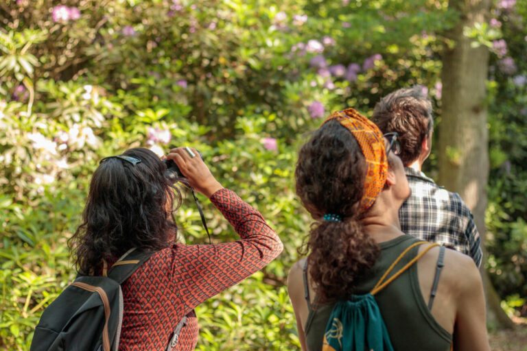 Drie mensen wandelen in een bos; een gebruikt een verrekijker.