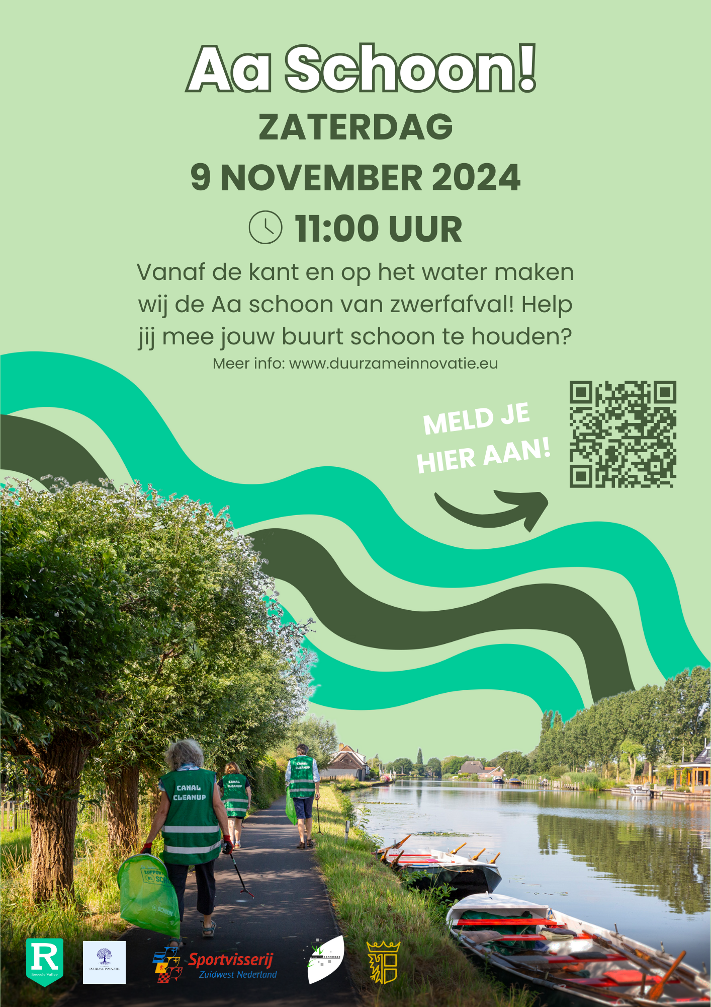Flyer voor "Aa Schoon" cleanup evenement langs een kanaal op 9 november 2024 om 11:00 uur.