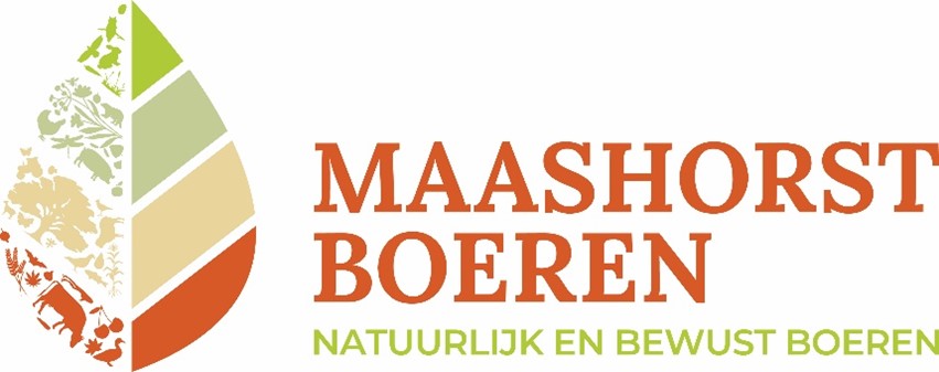 Logo van Maashorst Boeren met kleurrijke bladerenvorm en tekst "Natuurlijk en bewust boeren".