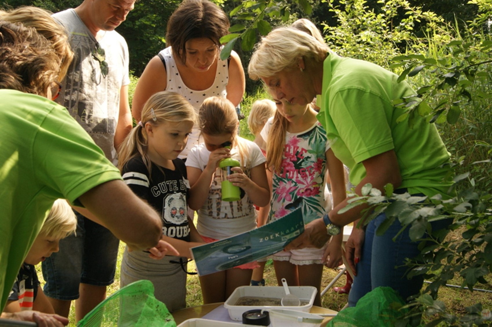 Groep kinderen onderzoekt waterleven met begeleiding, omringd door groene natuur.