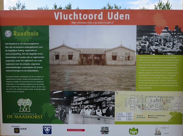 Informatiebord Vluchtoord Uden met historische foto’s en tekst over het Raadhuis en kaart.