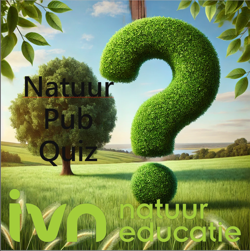 Vraagteken van bladeren boven veld met "Natuur Pub Quiz" tekst, IVN logo rechtsonder.