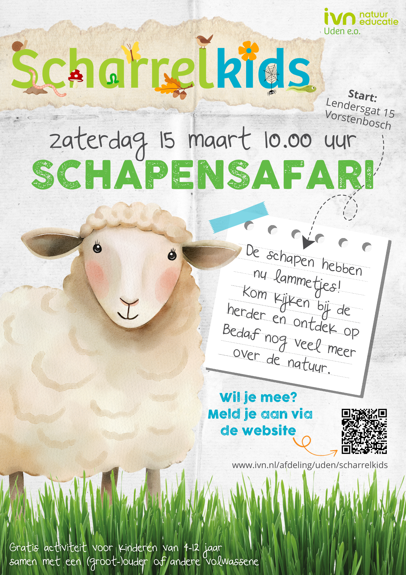 Illustratie van een schaap en informatie over een "Schapensafari" op 15 maart om 10.00 uur in Vorstenbosch.