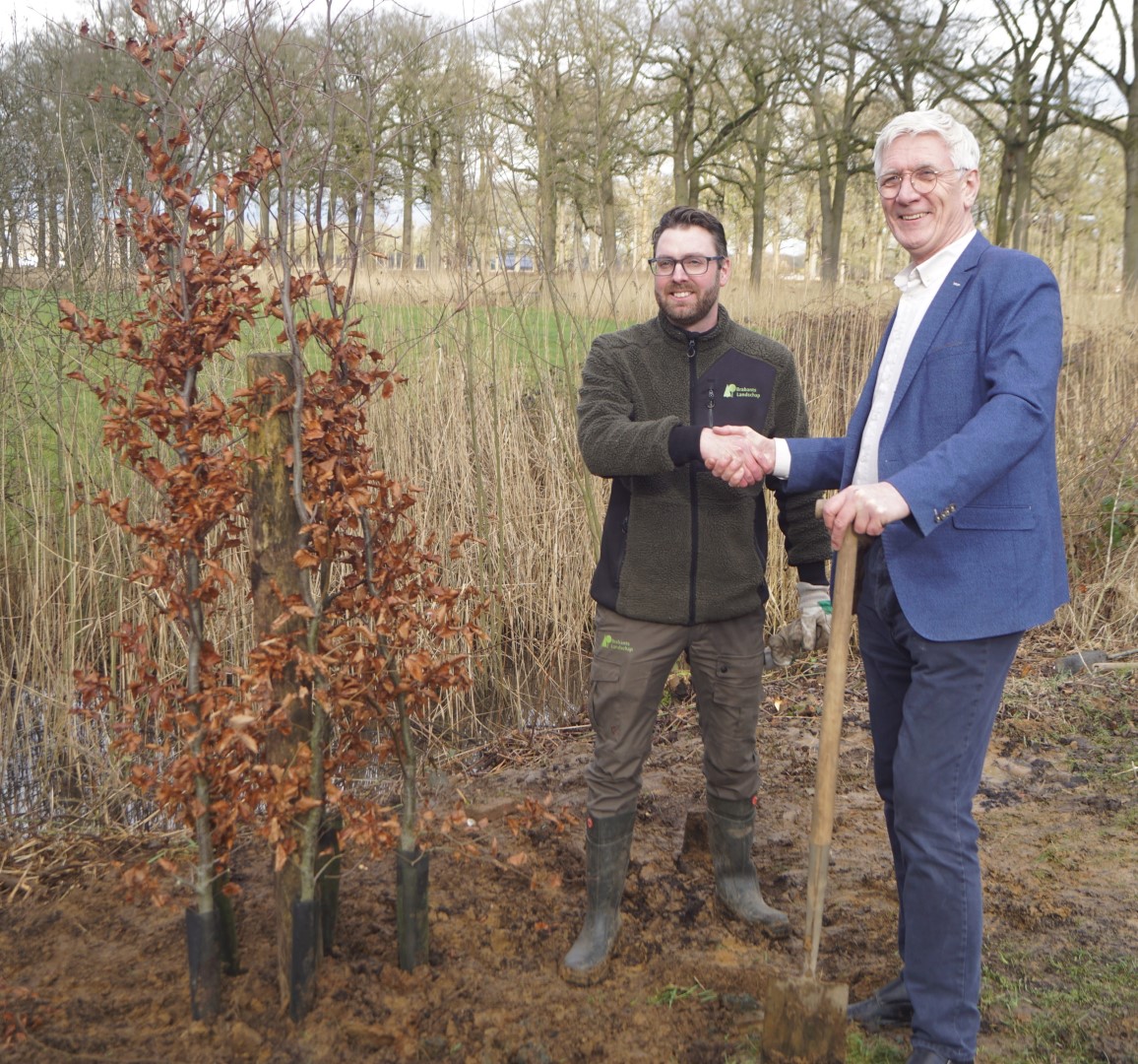 Twee mannen schudden handen bij jonge boom in parkachtig landschap.