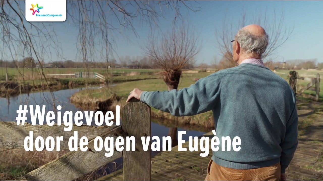 Oudere man kijkt uit over een landelijke waterkant, met tekst "Weigevoel door de ogen van Eugène".
