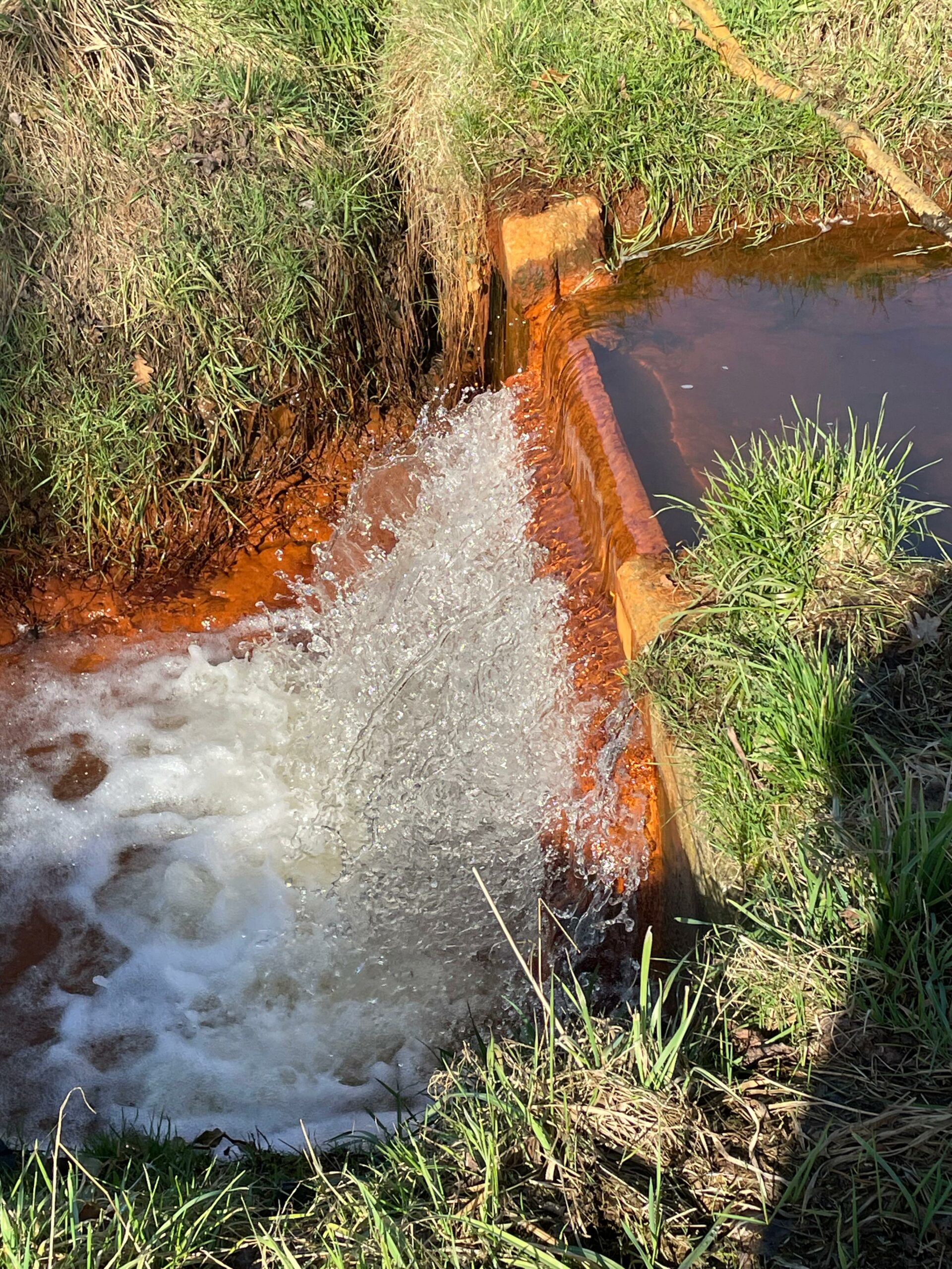 Water stroomt over een roestige goot in een grasrijke omgeving.