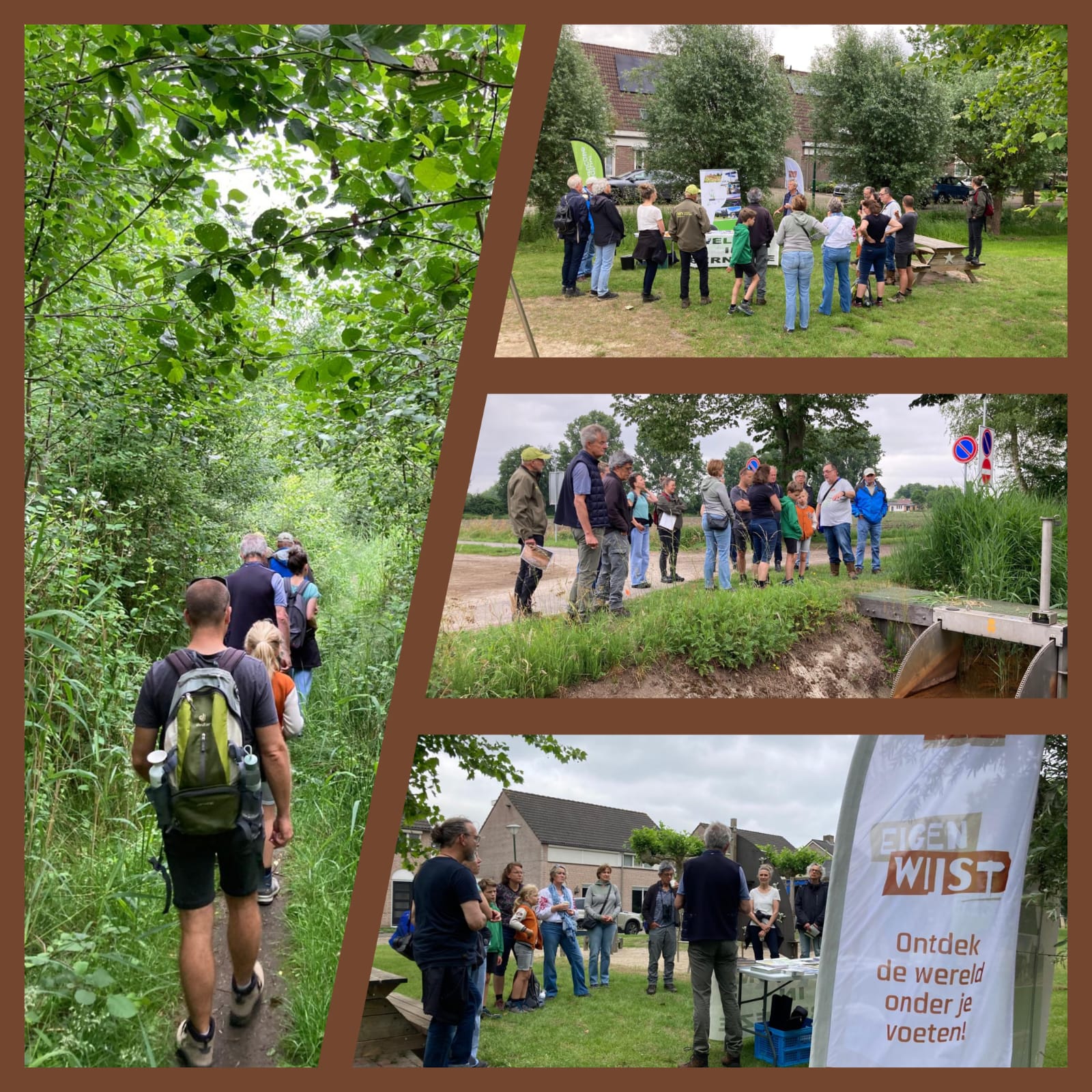 Mensen wandelen en verzamelen zich in een groene omgeving voor een evenement met spandoek "Eigen Wijs".