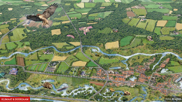 Luchtfoto van een landschap met bossen, velden, dorpen en overvliegende roofvogels.