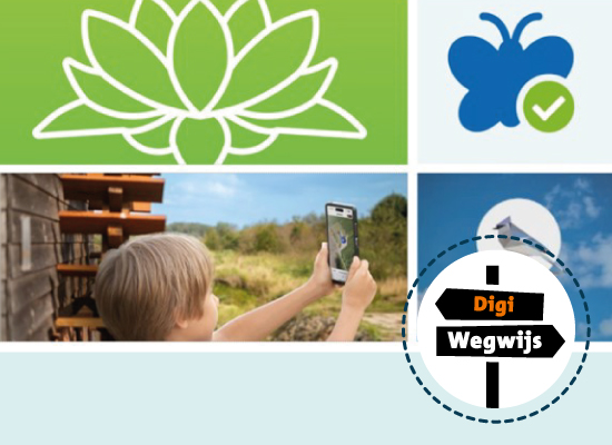 Een kind fotografeert buiten; symbolen van een lotusbloem en vlinder; tekst "Digi Wegwijs".