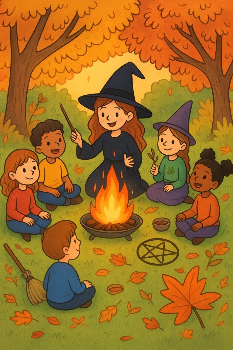 Kinderen in herfstbos zitten rond kampvuur, vrouw met heksenhoed vertelt verhaal, pentagram zichtbaar.