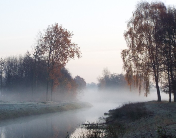 Mistige rivier omgeven door bomen met herfstbladeren en kale takken, onder een heldere ochtendhemel.