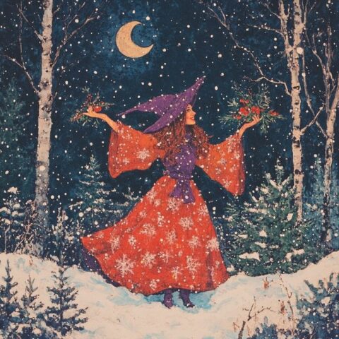 Heks in rode jurk en paarse hoed in besneeuwd bos onder maansikkel.
