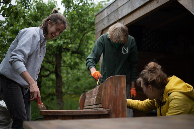 Drie mensen verven vrolijk een houten bank in een tuinomgeving.
