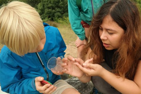 Een kind en vrouw bestuderen een klein insect buiten met een loep en beker.