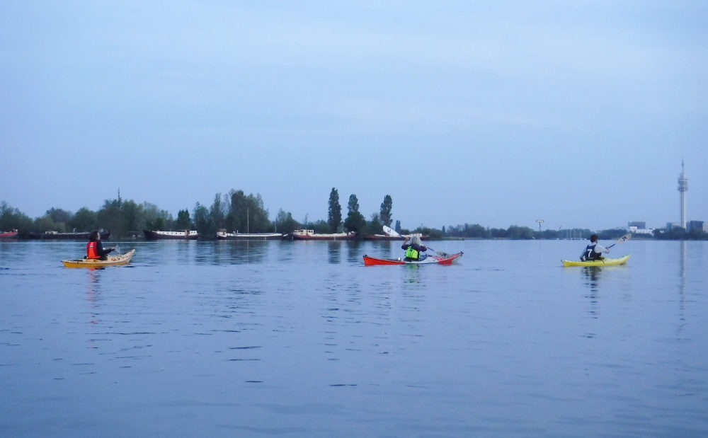 Drie kajakkers peddelen op een rustige rivier met bomen en een toren op de achtergrond.