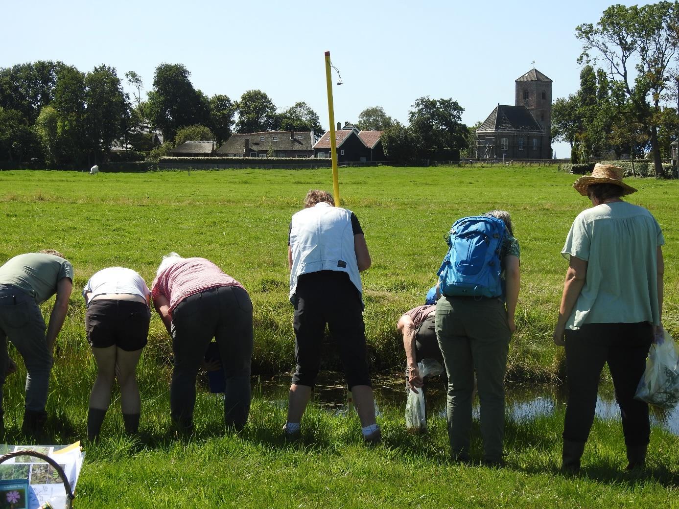 Groep mensen onderzoekt de sloot in een groene weide bij een kerk en huizen op de achtergrond.