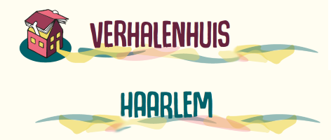 Illustratie van een huis met tekst: "Verhalenhuis Haarlem", omlijst met kleurrijke golven.