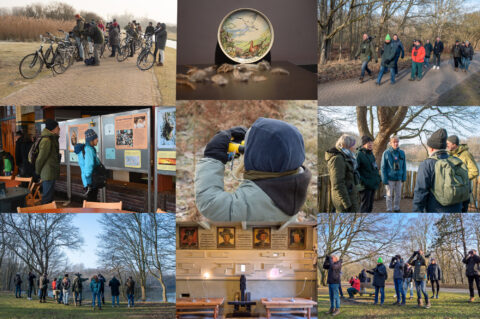 Groep mensen observeert vogels en verkent natuur, binnen en buiten, met fietsen en verrekijkers.