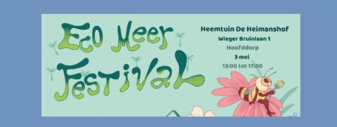 Affiche voor Eco Meer Festival op 3 mei, Heemtuin De Heimanshof, met tekening van een bij op een bloem.