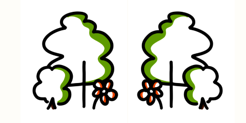 Twee gestileerde bomen met bloemen in felle kleuren, tegen een witte achtergrond.