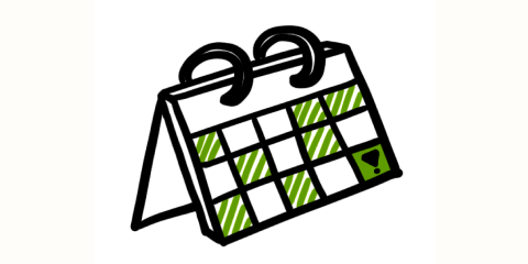 Illustratie van een kalender met groene vakjes en een uitroepteken op een dag.