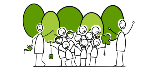 Stickfiguren planten bomen met kinderen en groene bladeren op de achtergrond.