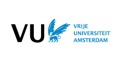 Logo van de Vrije Universiteit Amsterdam, met een blauwe griffioen naast de letters 