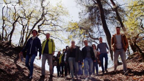 Groep mensen wandelt door een bos op een zonnige dag, omringd door bomen.