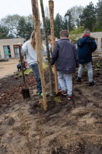 Groep kinderen stampt aarde aan rondom boom en planten