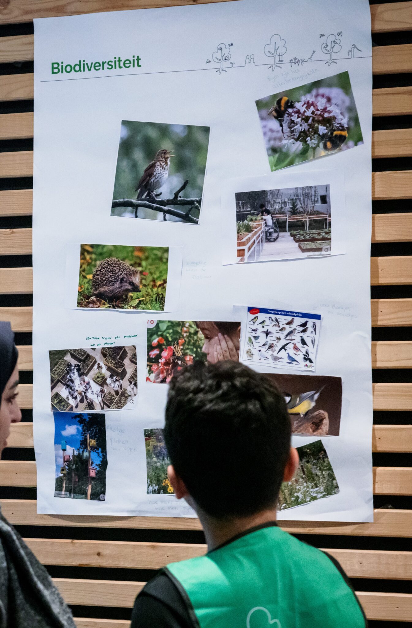 Twee mensen bekijken een poster over biodiversiteit met foto's van dieren en natuur.