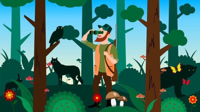 Jager met verrekijker in bos; omringd door dieren, bomen en paddenstoelen.