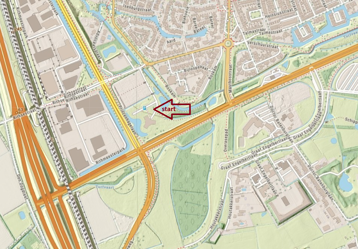 Start en parkeren: Krinkels, Rithsestraat 87, 4813 GW Breda Kaart met wegen netwerken, startpunt aangegeven met pijl bij Rijnlandpad in groene omgeving.