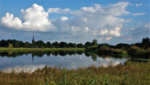 Een meer met wolkenlucht, een kerktoren en bomen op de achtergrond. Een vogel staat in het water.