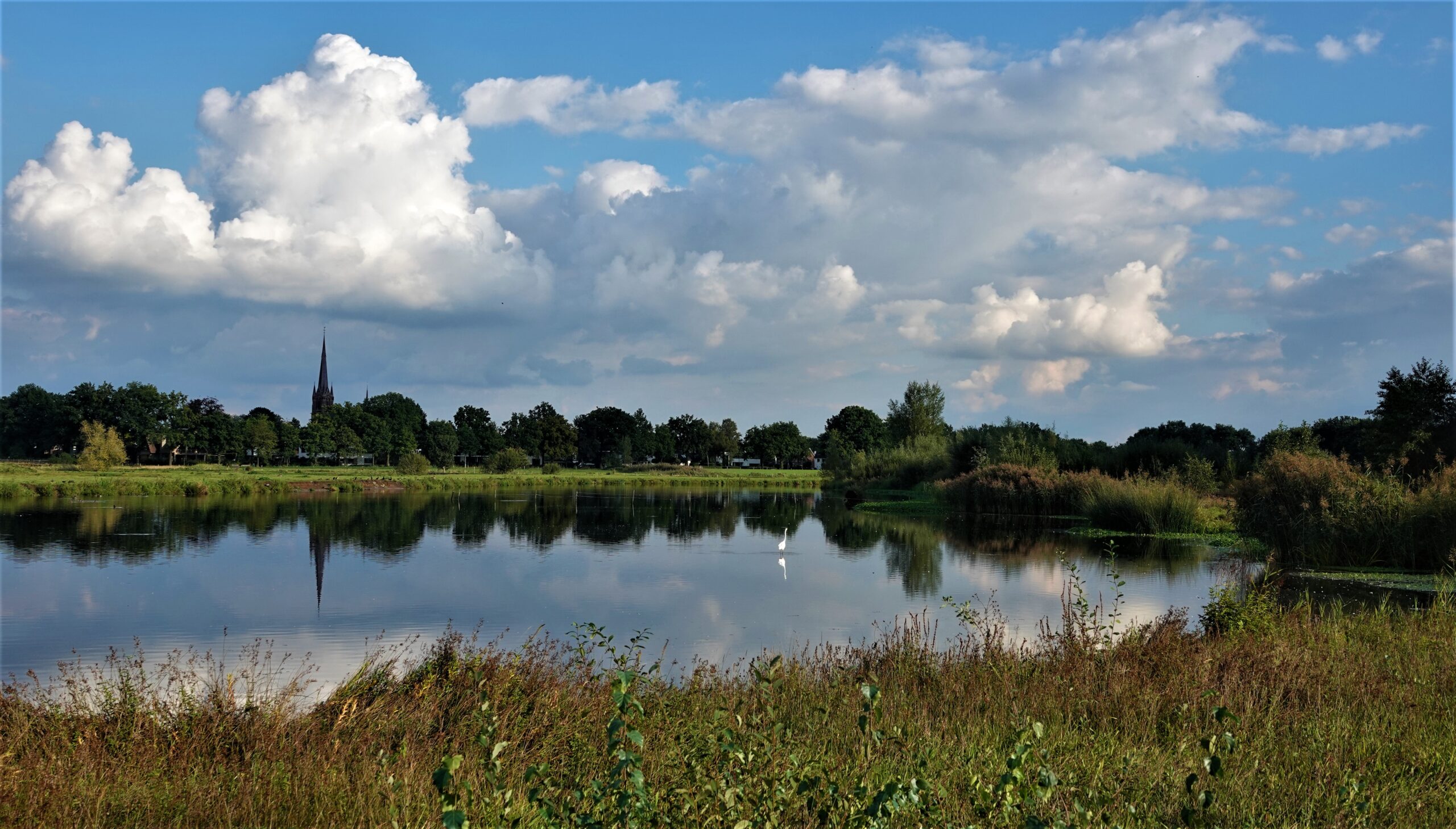 Een meer met wolkenlucht, een kerktoren en bomen op de achtergrond. Een vogel staat in het water.