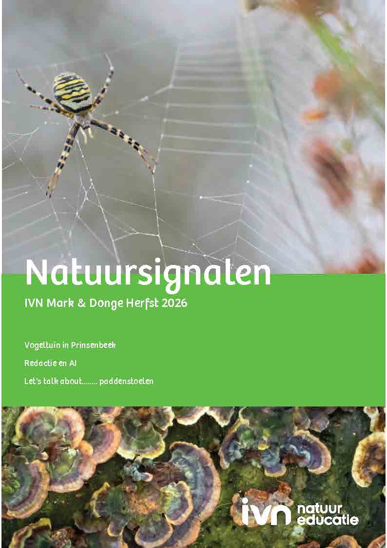 Gele vogel op prikkeldraad, veld met wilde bloemen, tekst "Natuursignalen", thema biomimicry.