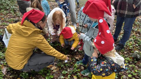 Kinderen zoeken in bos met rode puntmutsen en loepjes, begeleid door een volwassene in gele jas.