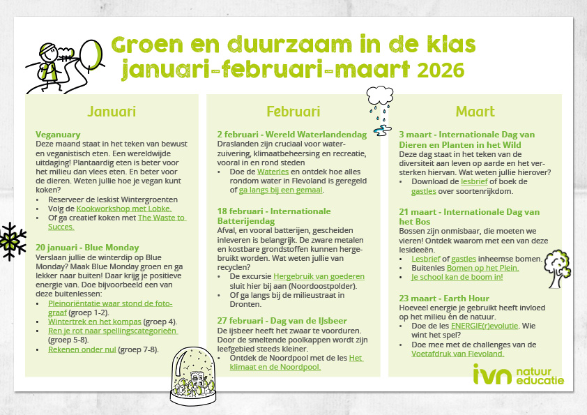 Poster met groene activiteiten in de klas, januari-maart 2026, met focus op duurzaamheid en educatie.
