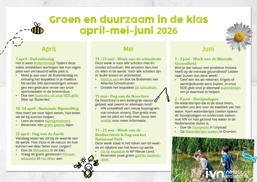 Poster "Groen en duurzaam in de klas", activiteiten april-juni 2026, met natuurthema.