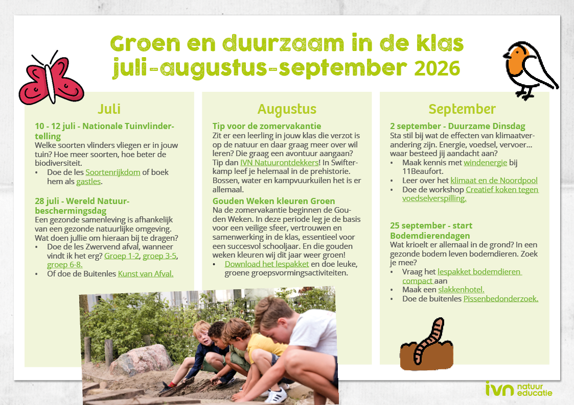 Poster over groene en duurzame activiteiten in de klas voor juli-september 2026, met kinderen in een tuin.