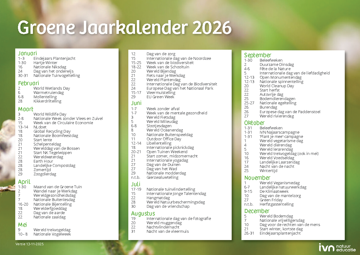 Groene Jaarkalender 2026 met milieugerelateerde evenementen per maand. Logo linksonder.