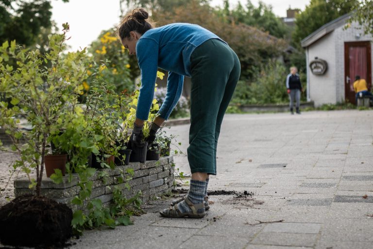 Persoon plant bloemen in een tuin, draagt sandalen en sokken. Huis en mensen op de achtergrond.
