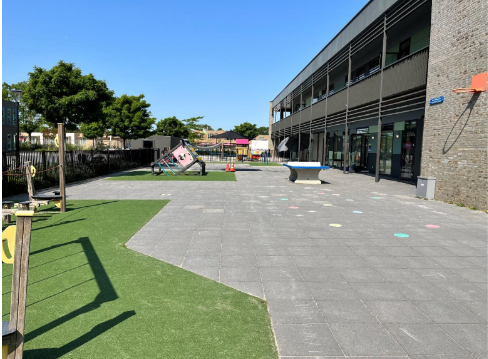 Schoolplein met speeltuig, kunstgras, betegeling en een gebouw aan de rechterzijde onder een blauwe lucht.