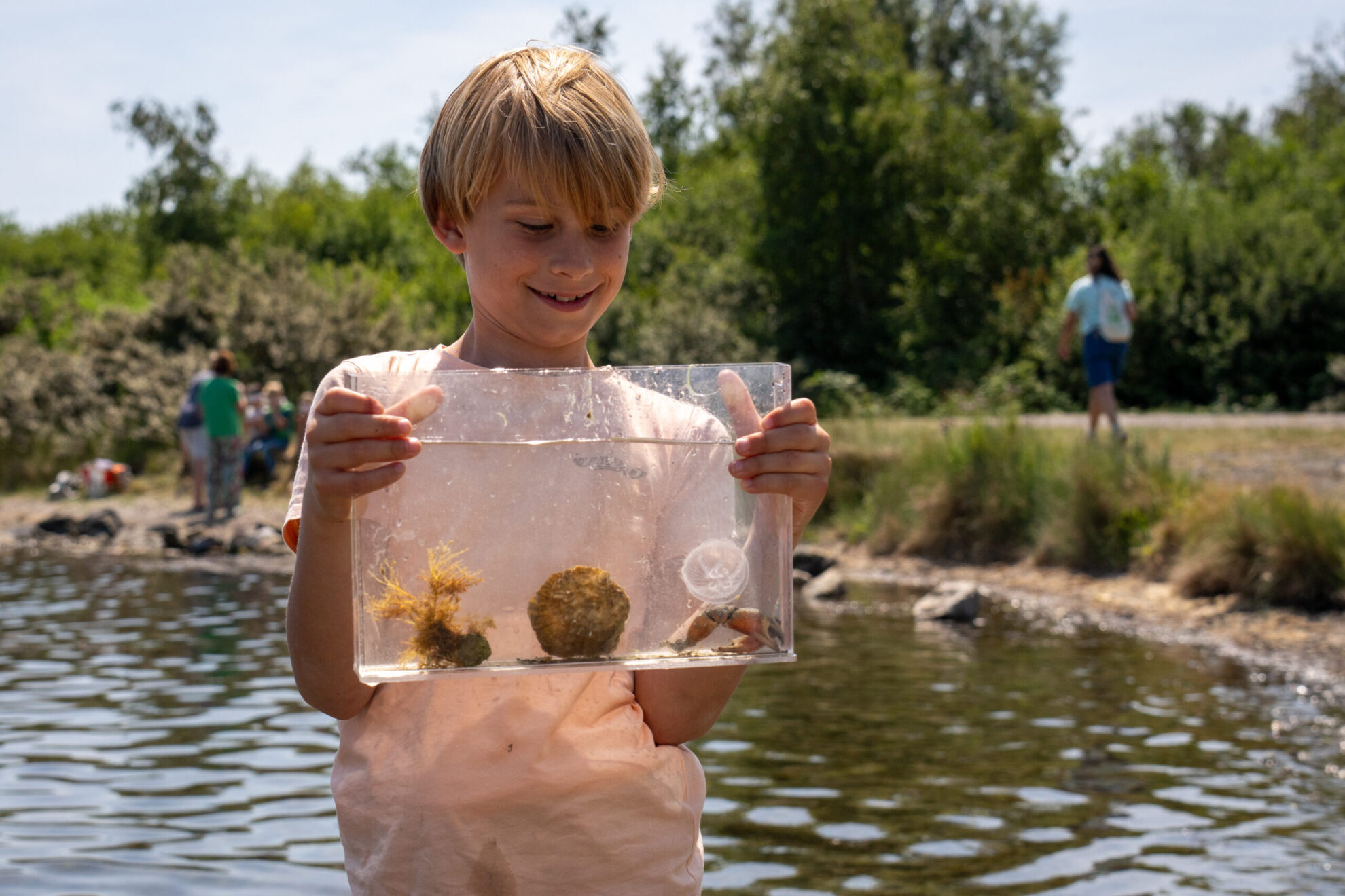 Een kind houdt een bak met water en zeedieren vast bij een rivier, omgeven door natuur.