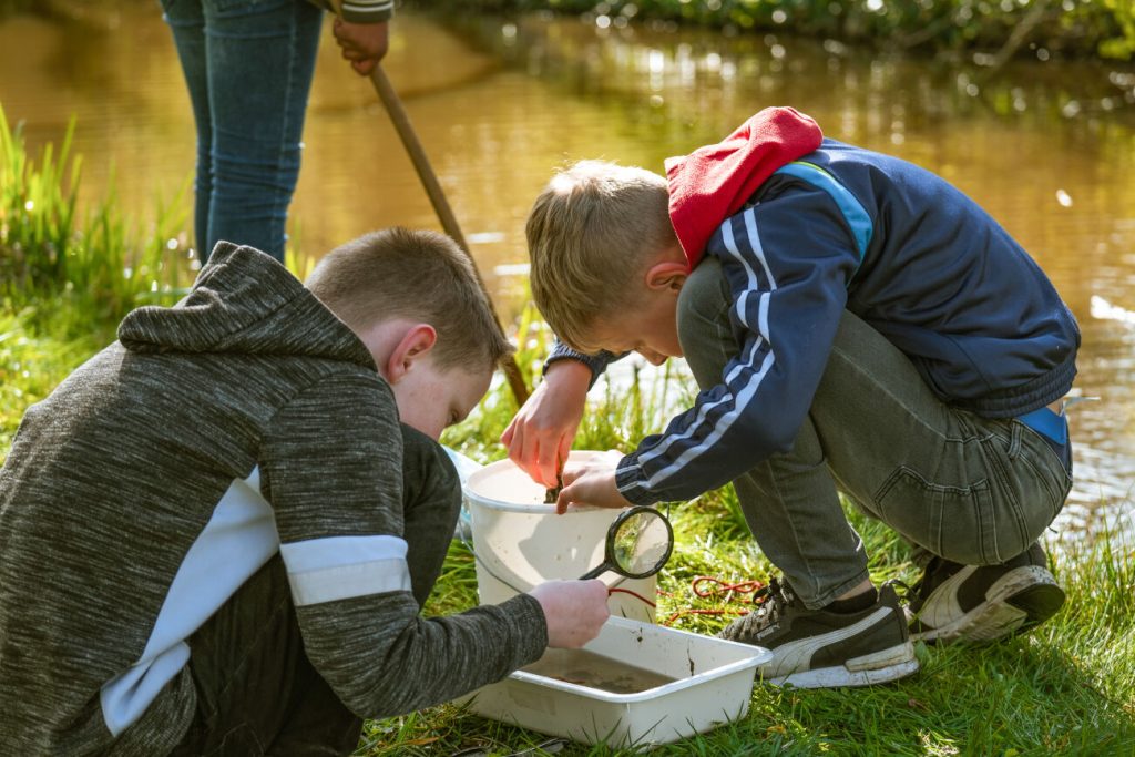 Twee kinderen bestuderen waterleven met loep bij vijver. Kind met stok op achtergrond.